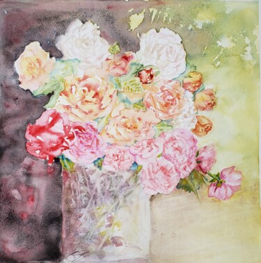 Pintura intitulada "Bouquet de roses" por Thérèse Soriano, Obras de arte originais, Aquarela