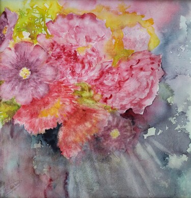 Painting titled "Cosmos et dahlias à…" by Thérèse Soriano, Original Artwork, Watercolor