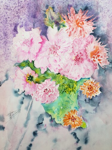 Painting titled "Dahlias 5" by Thérèse Soriano, Original Artwork, Watercolor