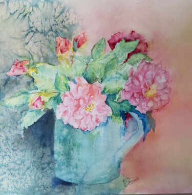 Painting titled "Bouquet de roses ro…" by Thérèse Soriano, Original Artwork, Watercolor