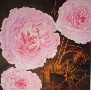 Painting titled "Roses en feu d'arti…" by Thérèse Soriano, Original Artwork, Acrylic Mounted on Wood Stretcher frame