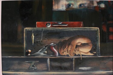 Painting titled "atelier" by Sorin Niculae Lazar, Original Artwork, Oil Mounted on Wood Stretcher frame