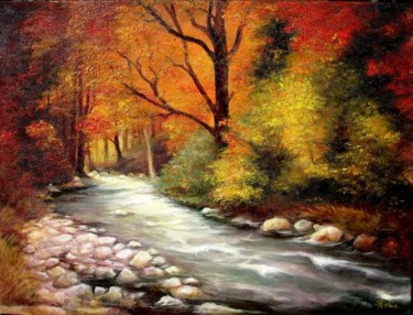 Painting titled "Autumn in Forest" by Sorinapostolescu, Original Artwork, Oil