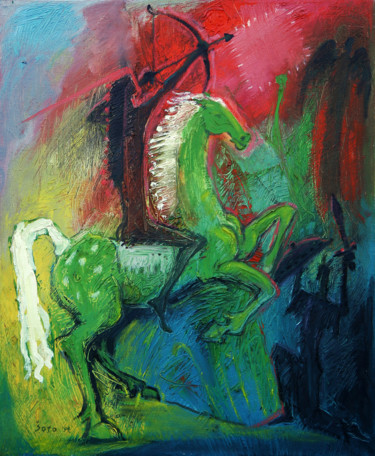 Painting titled "Green horse rider" by Vladimir Bašić Šoto, Original Artwork, Oil
