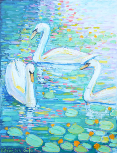 Painting titled "Swans on the river" by Vladimir Bašić Šoto, Original Artwork, Oil