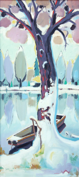 Schilderij getiteld "Winter on the river…" door Vladimir Bašić Šoto, Origineel Kunstwerk, Olie