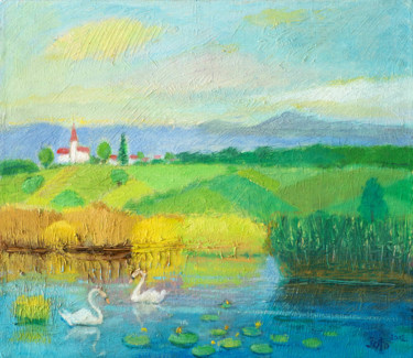Painting titled "Swan lake" by Vladimir Bašić Šoto, Original Artwork, Oil