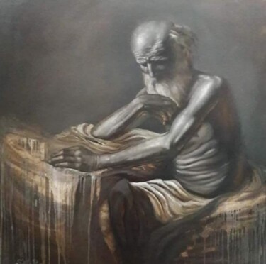 Painting titled "L'homme sage" by Philippe Sottile, Original Artwork, Oil Mounted on Wood Stretcher frame