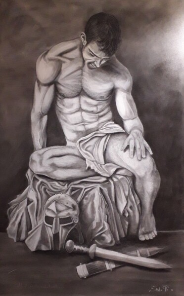Painting titled "Le repos du gladiat…" by Philippe Sottile, Original Artwork, Charcoal Mounted on Wood Stretcher frame