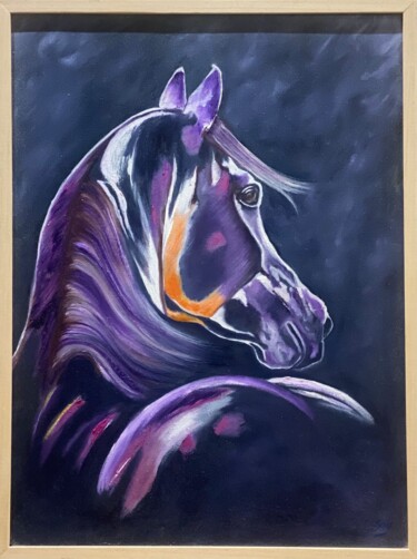 Painting titled "Cheval" by Souad Belhaj, Original Artwork, Oil Mounted on Stone
