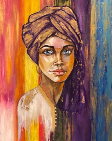 Painting titled "Femme tenue traditi…" by Souad Belhaj, Original Artwork, Oil Mounted on Stone