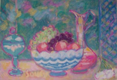 Peinture intitulée "Fruits-et-carafe" par Hassen Soufy, Œuvre d'art originale, Huile