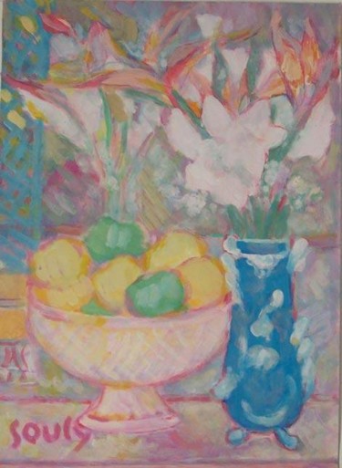 Peinture intitulée "Pommes-et-fleurs" par Hassen Soufy, Œuvre d'art originale, Huile