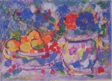 Peinture intitulée "Fleurs-et-fruits" par Hassen Soufy, Œuvre d'art originale, Huile