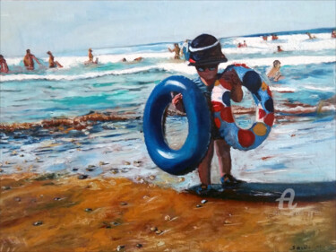 Painting titled "L'enfant à la plage" by Nacer Souici, Original Artwork, Oil