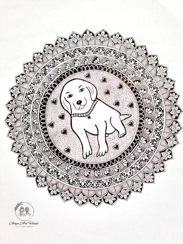 Dessin intitulée "Handmade Dog Mandal…" par Soumyarani Guda, Œuvre d'art originale, Encre Monté sur Châssis en bois