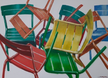 Painting titled "Chaises multicolores" by Bernard Soupre, Original Artwork, Oil