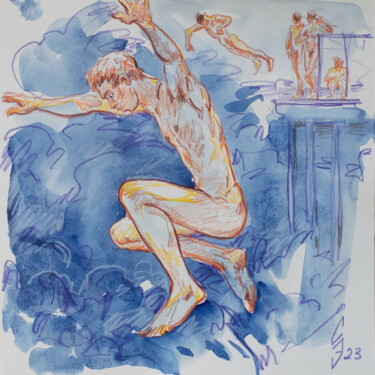 Desenho intitulada "On the blue sea" por Sergey Sovkov, Obras de arte originais, Aquarela