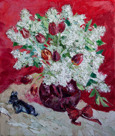 Lilac Bouquet on Red Картина под названием "Lilac Bouquet on Red" - Sergey Sovkov, Подлинное произведение искусства, Масло