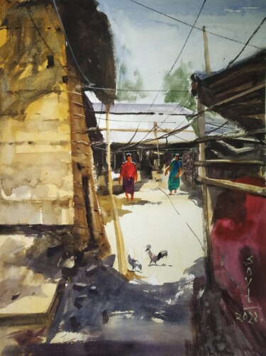 Painting titled "Village" by Soyli Saha, Original Artwork, Watercolor