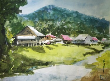 Painting titled "Hill" by Soyli Saha, Original Artwork, Watercolor