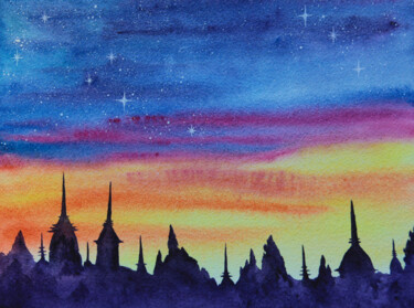 Painting titled "Evening ancient cit…" by Space Oleandr, Original Artwork, Watercolor