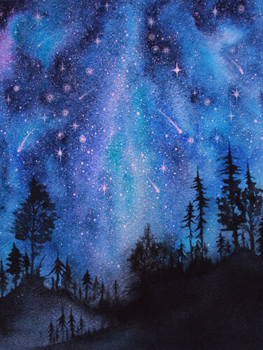 Painting titled "Starfall in the nig…" by Space Oleandr, Original Artwork, Watercolor