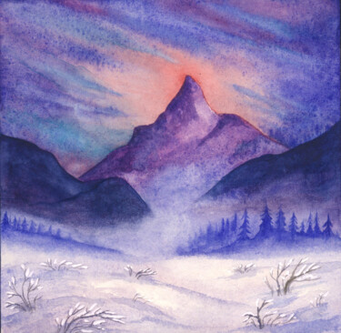 Painting titled "Winter Mountain Lan…" by Space Oleandr, Original Artwork, Watercolor