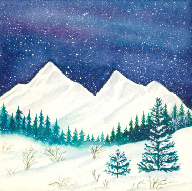 Schilderij getiteld "Snow-capped mountai…" door Space Oleandr, Origineel Kunstwerk, Aquarel