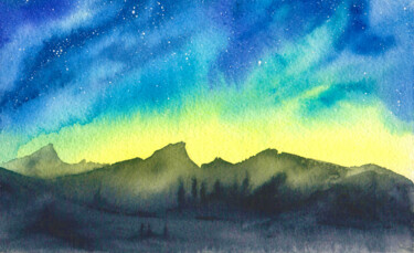 Painting titled "Northern Lights in…" by Space Oleandr, Original Artwork, Watercolor