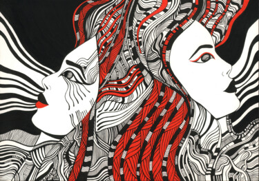 Disegno intitolato "Sisters in spirit" da Space Oleandr, Opera d'arte originale, Inchiostro