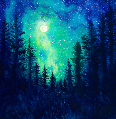 Картина под названием "Magic night in fore…" - Space Oleandr, Подлинное произведение искусства, Акварель