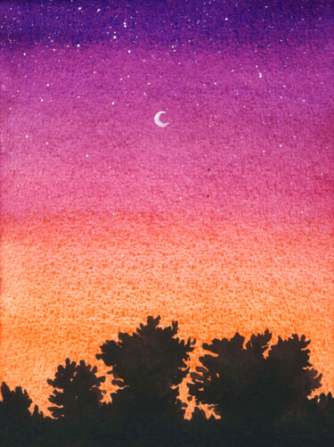 Картина под названием "Moon Painting Eveni…" - Space Oleandr, Подлинное произведение искусства, Акварель