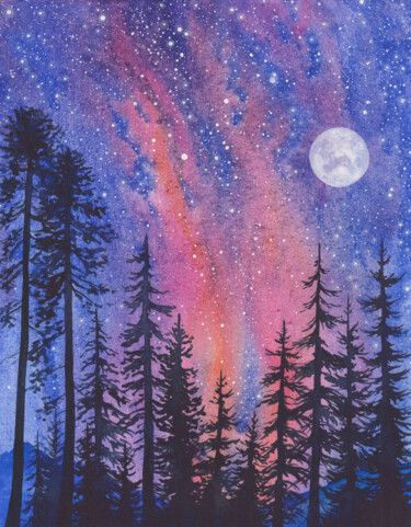 Painting titled "Night Forest and Mo…" by Space Oleandr, Original Artwork, Watercolor