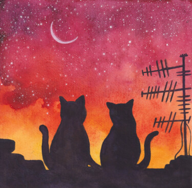 Painting titled "Two black cats in l…" by Space Oleandr, Original Artwork, Watercolor