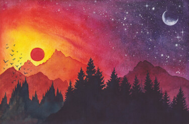 Painting titled "Bright sunset and m…" by Space Oleandr, Original Artwork, Watercolor