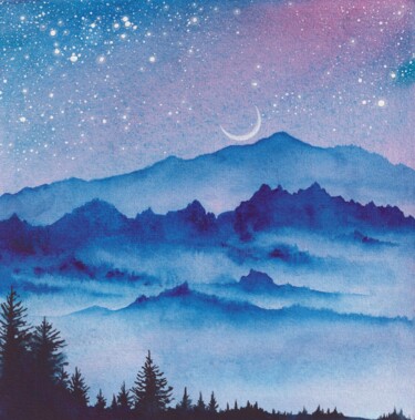 Painting titled "Moon and Starry Nig…" by Space Oleandr, Original Artwork, Watercolor