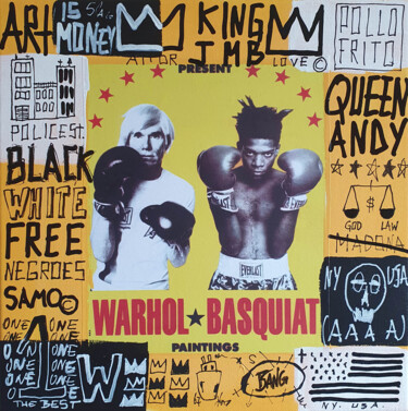 Painting titled "SPACO warhol vs bas…" by Spaco, Original Artwork, Collages Mounted on Wood Stretcher frame