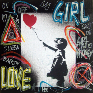 Painting titled "SPACO Banksy  girl…" by Spaco, Original Artwork, Collages Mounted on Wood Stretcher frame