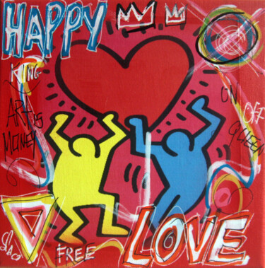 Painting titled "SPACO Love Haring,…" by Spaco, Original Artwork, Collages Mounted on Wood Stretcher frame