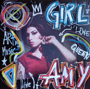 Ζωγραφική με τίτλο "SPACO AMY Winehouse…" από Spaco, Αυθεντικά έργα τέχνης, Κολάζ Τοποθετήθηκε στο Ξύλινο φορείο σκελετό