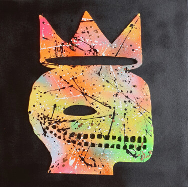 Malerei mit dem Titel "SPACO BasquiatKING…" von Spaco, Original-Kunstwerk, Collagen Auf Keilrahmen aus Holz montiert