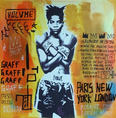 Painting titled "SPACO Basquiat Boxe…" by Spaco, Original Artwork, Collages Mounted on Wood Stretcher frame