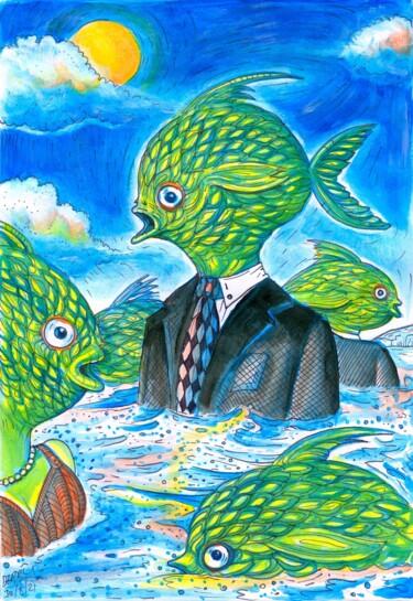 Painting titled "FISH PEOPLE" by Spencer Derry, Original Artwork, Ballpoint pen