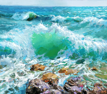 Painting titled "Caribbean waves at…" by Spiros, Original Artwork, Acrylic