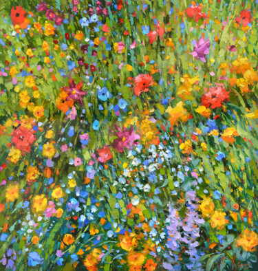 Картина под названием "Flowery meadow 3" - Spiros, Подлинное произведение искусства, Масло