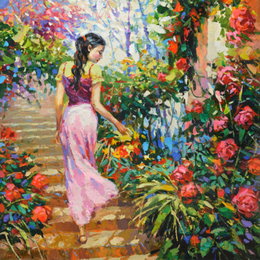 Malarstwo zatytułowany „In the flower garden” autorstwa Spiros, Oryginalna praca, Olej