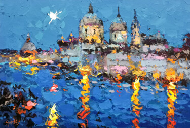 Painting titled "Night Venice canal" by Spiros, Original Artwork, Acrylic