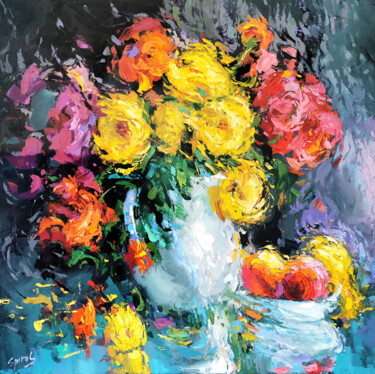 Painting titled "Peonies in a white…" by Spiros, Original Artwork, Acrylic