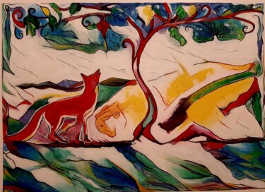 Pittura intitolato "Fox and grap" da Spiros Gremo, Opera d'arte originale, Acquarello